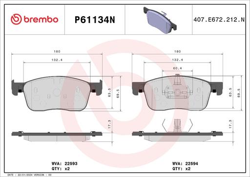 [P61134N] BRAKE PADS FRONT BREMBO CERAMIC PSA