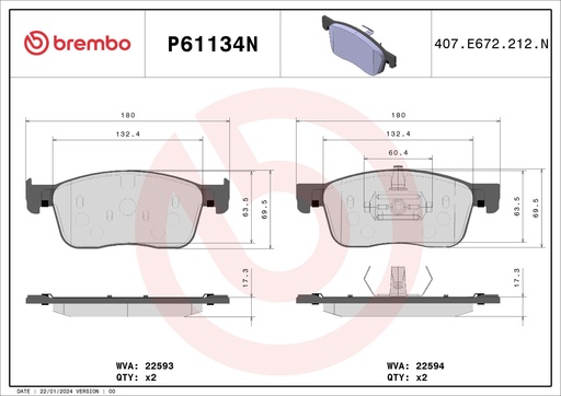 [P61134N] FRONT PADS BREMBO CERAMIC PSA