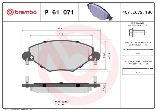 [P61071] BRAKE PADS FRONT BREMBO PSA (DNO)