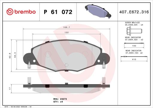 [P61072] BRAKE PADS FRONT BREMBO PSA (DNO)