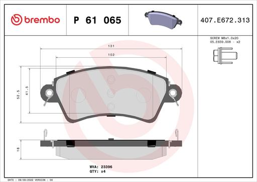 [P61065] BRAKE PADS FRONT BREMBO PSA (DNO)