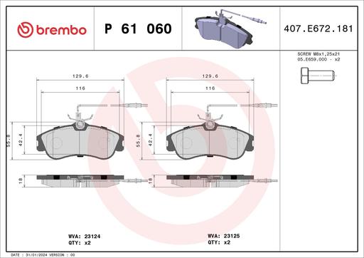 [P61060] BRAKE PADS FRONT WITH SENSOR BREMBO PSA (DNO)