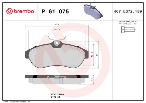 [P61075] BRAKE PADS FRONT BREMBO PSA (DNO)