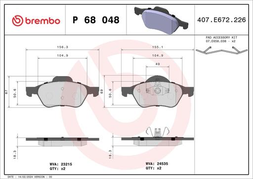 [P68048] BRAKE PADS FRONT BREMBO RENAULT (DNO)