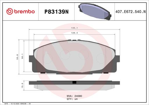 [P83139N] BRAKE PADS FRONT BREMBO CERAMIC TOYOTA