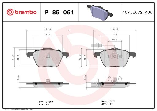 [P85061] BRAKE PADS FRONT BREMBO VAG