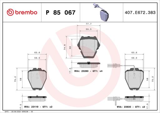 [P85067] BRAKE PADS FRONT WITH SENSOR BREMBO VAG