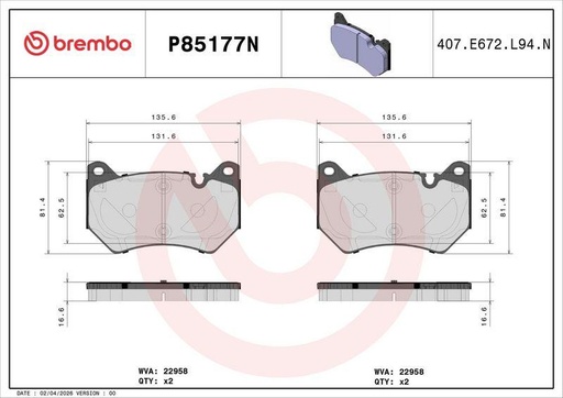 [P85177N] BRAKE PADS FRONT BREMBO CERAMIC VAG