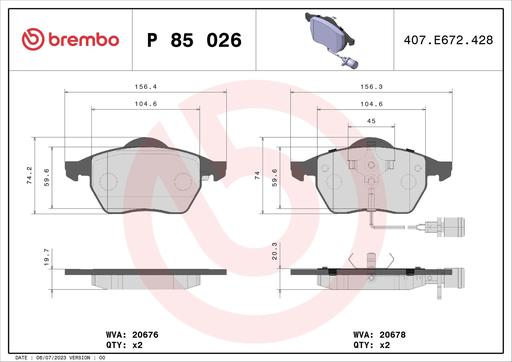 [P85026] BRAKE PADS FRONT WITH SENSOR BREMBO VAG