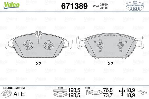 [671389] BRAKE PADS FRONT VALEO MERC