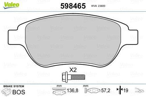 [598465] BRAKE PADS FRONT VALEO PSA