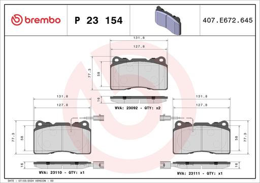 [P23154] BRAKE PADS FRONT WITH SENSOR BREMBO ALFA