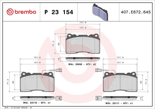[P23154] FRONT PADS W/SENSOR BREMBO ALFA