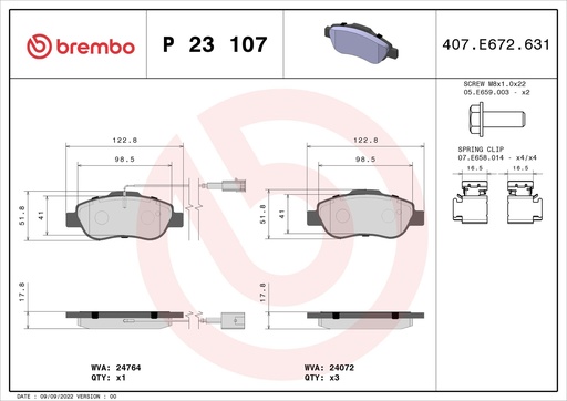 [P23107] FRONT PADS W/SENSOR BREMBO FIAT