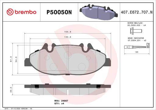 [P50050N] BRAKE PADS FRONT WITH SENSOR BREMBO CERAMIC MERC (BOSCH CALIPER VERSION)