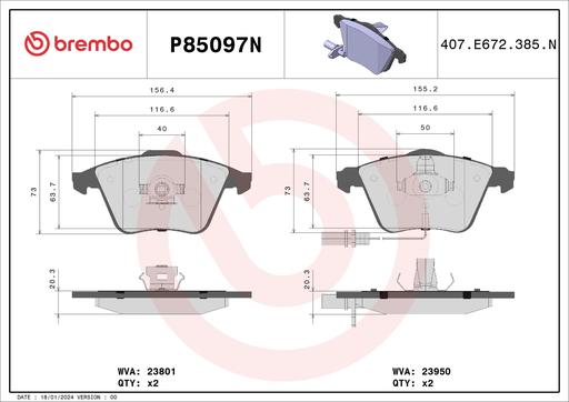 [P85097N] BRAKE PADS FRONT WITH SENSOR BREMBO CERAMIC VAG