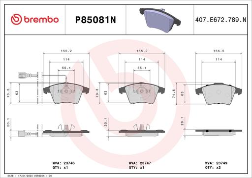 [P85081N] BRAKE PADS FRONT WITH SENSOR BREMBO CERAMIC VAG