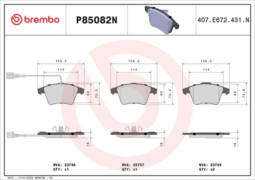 [P85082N] BRAKE PADS FRONT WITH SENSOR BREMBO CERAMIC VAG