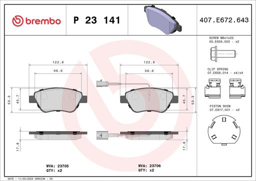 [P23141] BRAKE PADS FRONT WITH SENSOR BREMBO ALFA FIAT