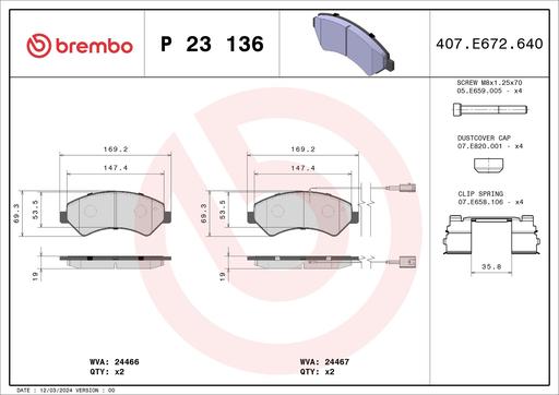 [P23136] BRAKE PADS FRONT WITH SENSOR BREMBO FIAT PSA
