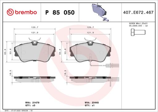 [P85050] BRAKE PADS FRONT WITH SENSOR BREMBO VAG