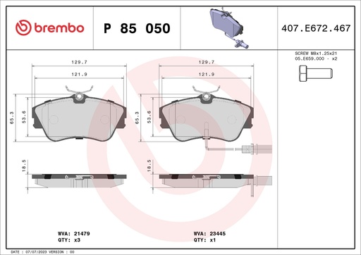 [P85050] FRONT PADS WITH SENSOR BREMBO VAG