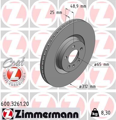 [600.3261.20] BRAKE DISC FRONT 312MM ZIMMERMANN VAG