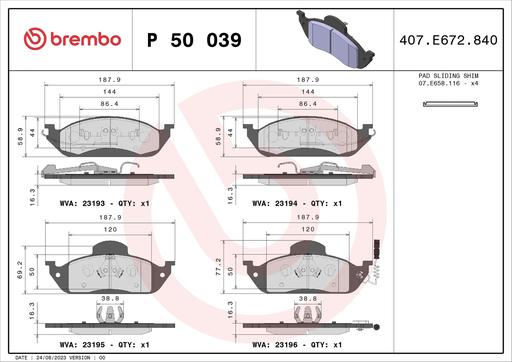 [P50039] BRAKE PADS FRONT WITH SENSOR BREMBO MERC