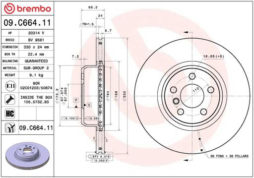 [09.C664.11] BRAKE DISC FRONT 330MM BREMBO BMW (SINGLE CAST)