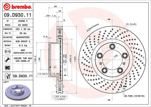 [09.D930.11] FRONT DISC 330MM LH XDRILLED BREMBO PORSCHE