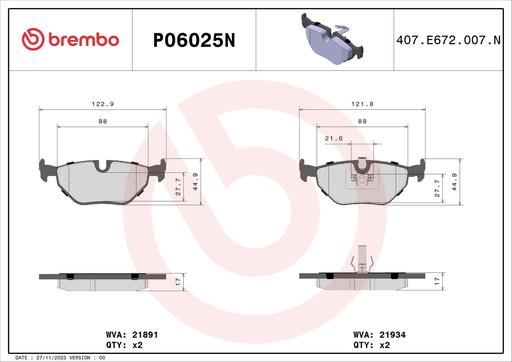 [P06025N] BRAKE PADS REAR BREMBO CERAMIC BMW