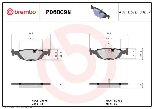[P06009N] BRAKE PADS REAR BREMBO CERAMIC BMW