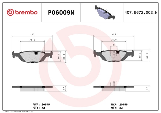 [P06009N] REAR PADS BREMBO CERAMIC BMW