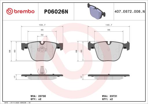 [P06026N] BRAKE PADS REAR BREMBO CERAMIC BMW BENTLEY ROLLS-ROYCE