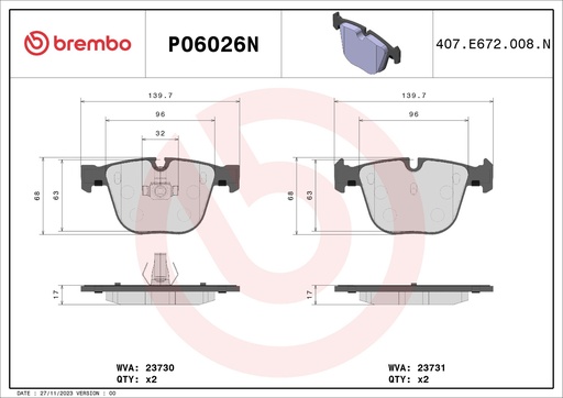 [P06026N] REAR PADS BREMBO CERAMIC BMW BENTLEY ROLLS-ROYCE