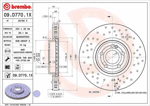 [09.D770.1X] BRAKE DISC FRONT 330MM BREMBO MERC (CROSS DRILLED)