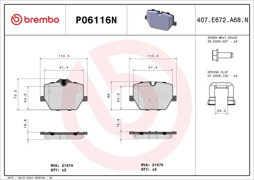 [P06116N] BRAKE PADS REAR BREMBO CERAMIC BMW TOYOTA