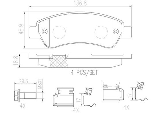 [P61091N] BRAKE PADS REAR BREMBO CERAMIC FIAT PSA