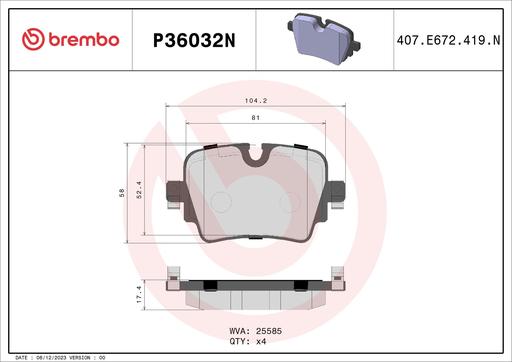 [P36032N] BRAKE PADS REAR BREMBO CERAMIC JAGUAR