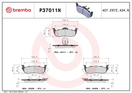 [P37011N] REAR PADS BREMBO CERAMIC JEEP