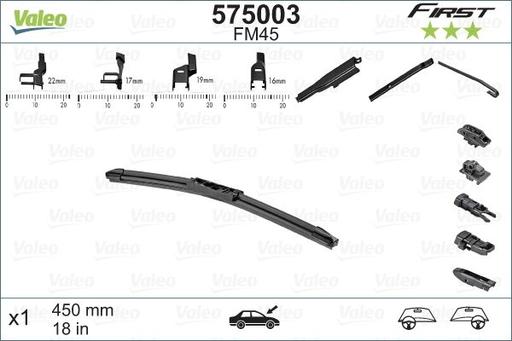 [FM38] WIPER BLADE [FRONT] VALEO FIRST MULTICONNECTION [380MM 15 INCH - FLAT WIPER BLADE - ADAPTOR M+A+B INCLUDED] 575001