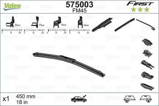 [FM45] WIPER BLADE [FRONT] VALEO FIRST MULTICONNECTION [450MM 18 INCH - FLAT WIPER BLADE - ADAPTOR M+A+B+C INCLUDED] PNTBC