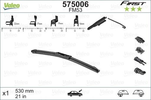 [FM47] WIPER BLADE [FRONT] VALEO FIRST MULTICONNECTION [475MM 19 INCH - FLAT WIPER BLADE - ADAPTOR M+A+B INCLUDED] 575004