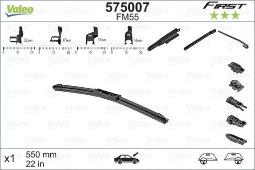 [FM50] WIPER BLADE [FRONT] VALEO FIRST MULTICONNECTION [500MM 20 INCH - FLAT WIPER BLADE - UNIVERSAL - ADAPTOR M+A+B+C INCLUDED] 575005