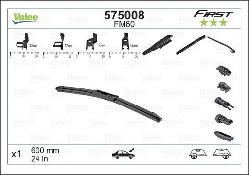 [FM60] WIPER BLADE [FRONT] VALEO FIRST MULTICONNECTION [600MM 24 INCH - FLAT WIPER BLADE - ADAPTOR M+A+B+C INCLUDED] 575008