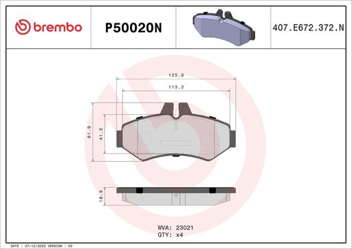 [P50020N] BRAKE PADS REAR BREMBO CERAMIC MERC VAG