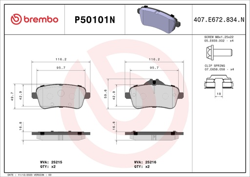 [P50101N] REAR PADS BREMBO CERAMIC MERC AMG