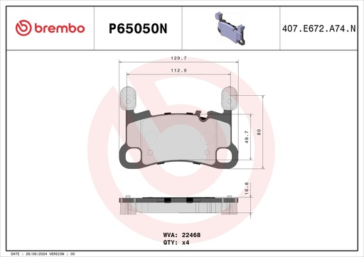[P65050N] REAR PADS BREMBO CERAMIC PORSCHE