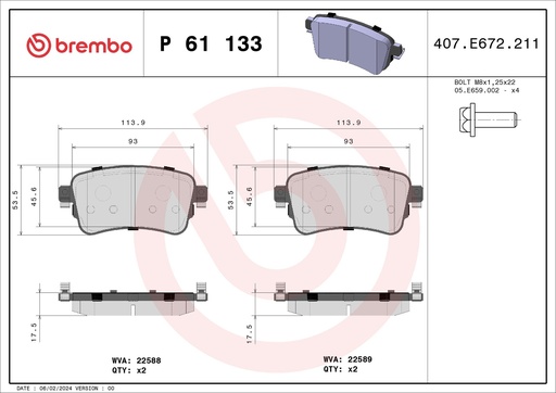[P61133] REAR PADS BREMBO PSA