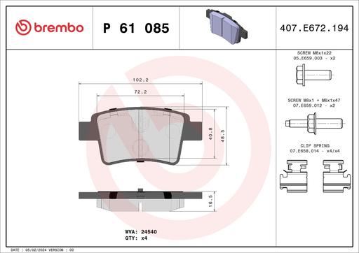 [P61085] BRAKE PADS REAR BREMBO PSA